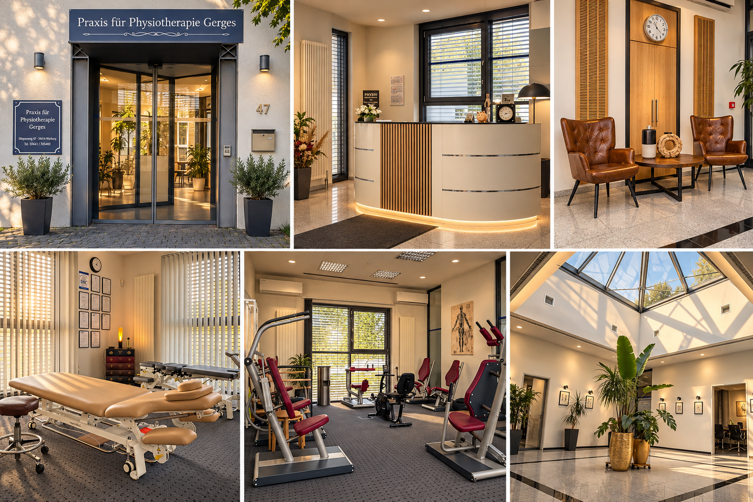 Bildcollage der Physiotherapiepraxis Gerges mit Eingang, Rezeption, Wartebereich, Behandlungsraum und Trainingsbereich